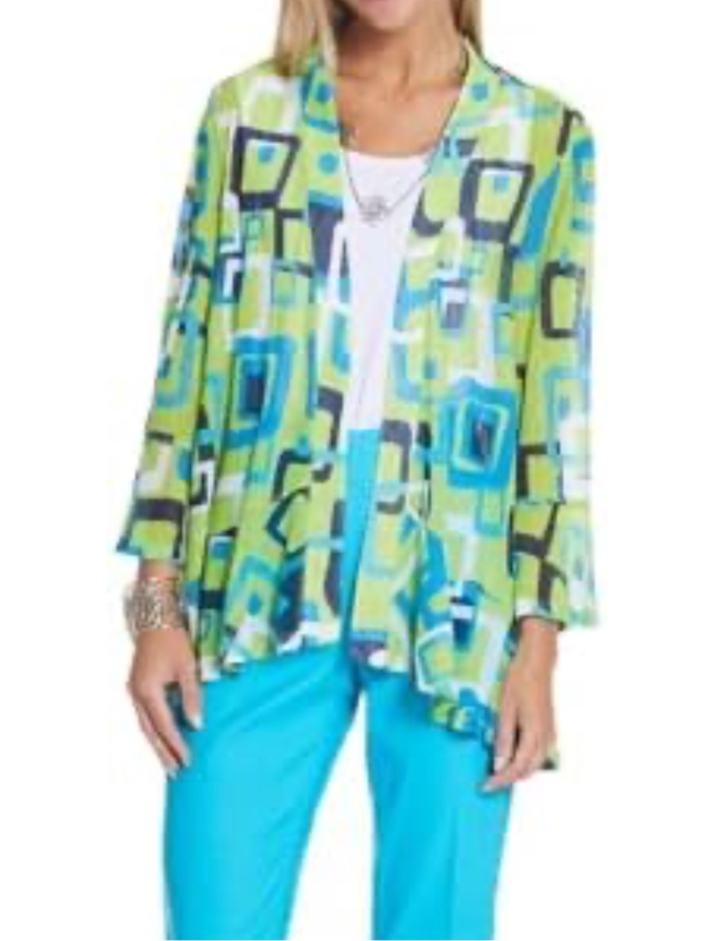 Multiples Lightweight Open Front Cardigan Vibrant Geometric Print 1X